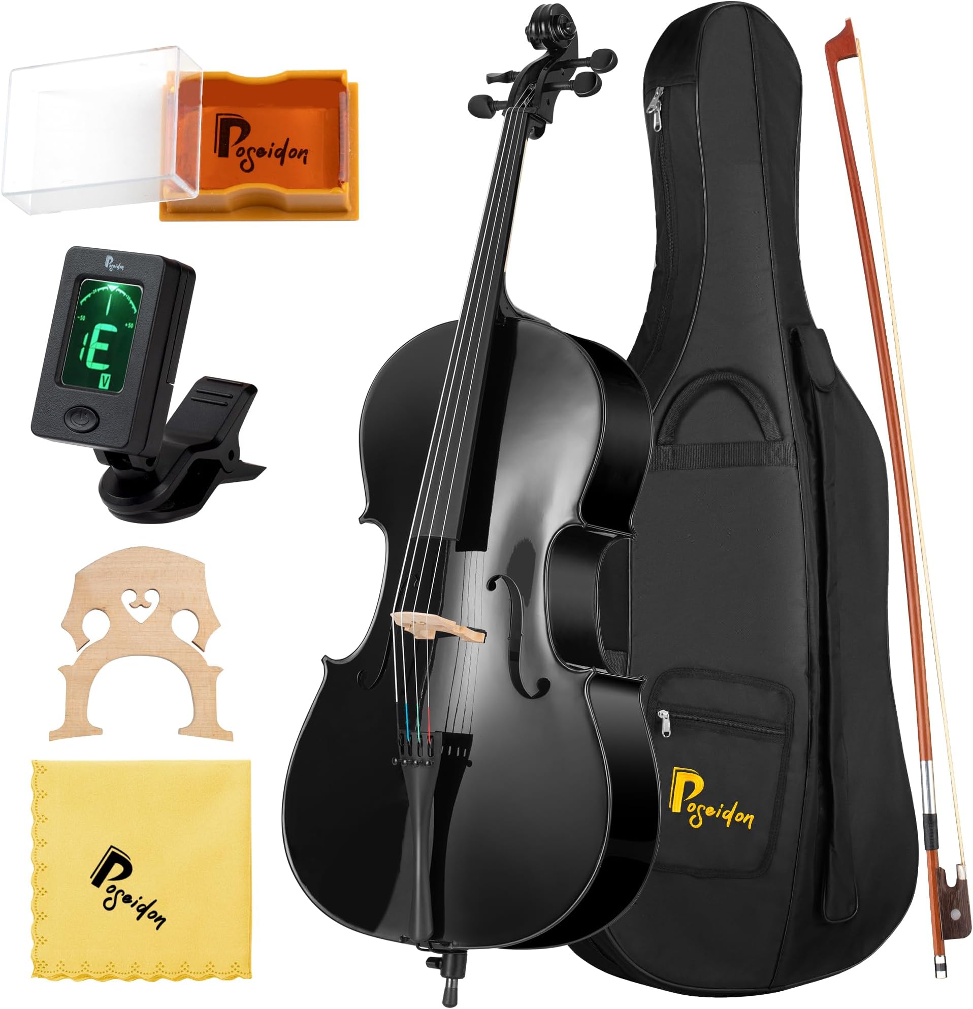 Poseidon Cello 4/4 Size, Acoustic Cello of Solid Wood with Portable Cello Case, Bow, Cello Bridge, Rosin, Cello 4/4 Strings Set for Students & Adult Beginner String Instruments - Matt Black Varnish