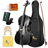 Poseidon Cello 4/4 Full Size, Solid Wood Acoustic Cello with Portable Cello Case, Bow, Cello Bridge, Rosin, Cello 4/4 Strings Set for Students & Adult Beginner String Instruments - Matt Black Varnish One Size Black Polished