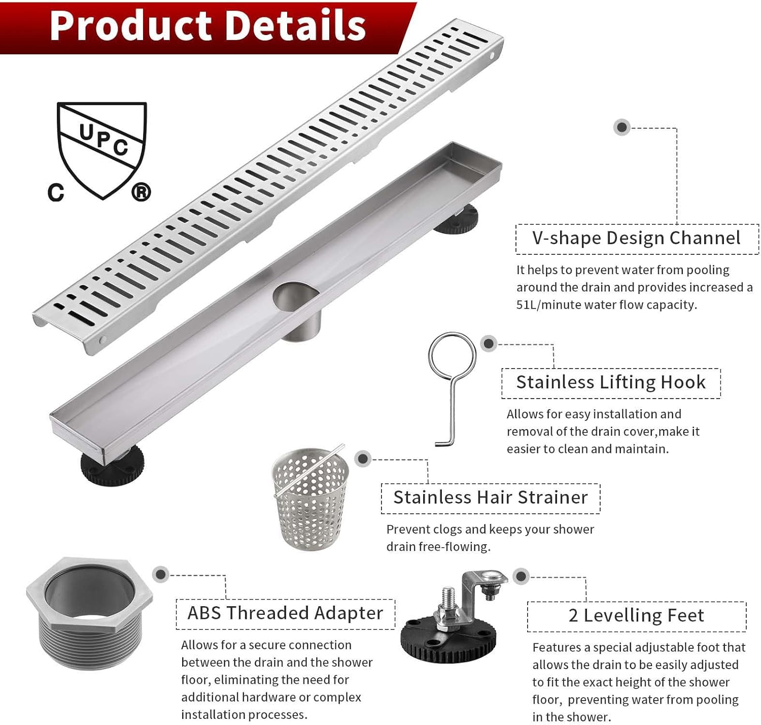 Sharp-tec 24 inch Linear Shower Drain, Brushed Rectangular Floor Drain, V-Shape Design Drain Channel, 304 Stainless Steel, cUPC Certificated for Bathroom Shower Room (Drain Base is Not Included)