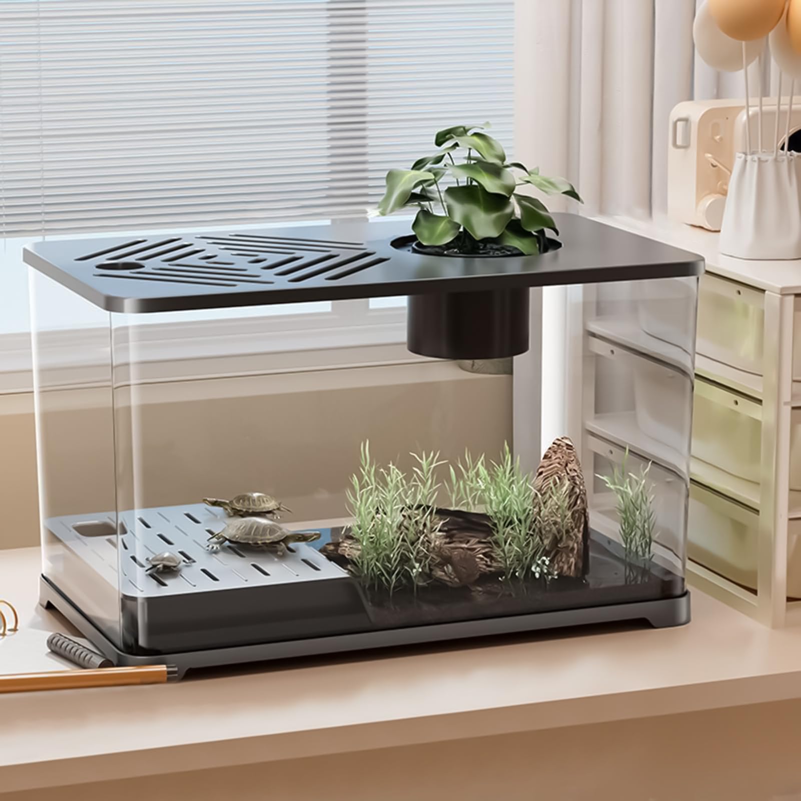 Acuario Acuario Grande Kit Completo de Escritorio | Contenedor Moderno con Zona para Tortugas, Accesorios para Peces Betta y Camarones con Plantas Acuáticas