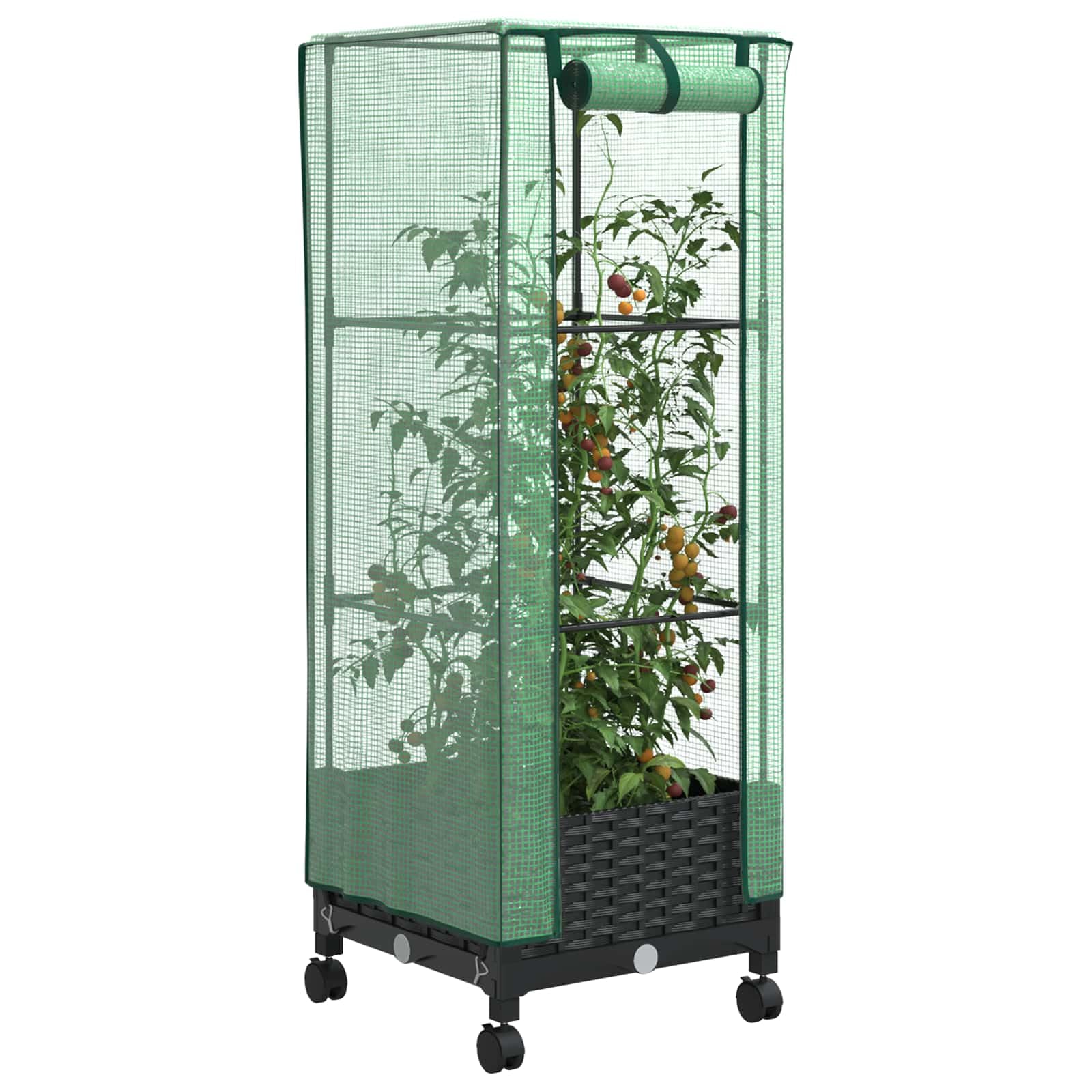 Schwarzer Gartenplanter mit Gewächshausabdeckung und Rädern aus PP