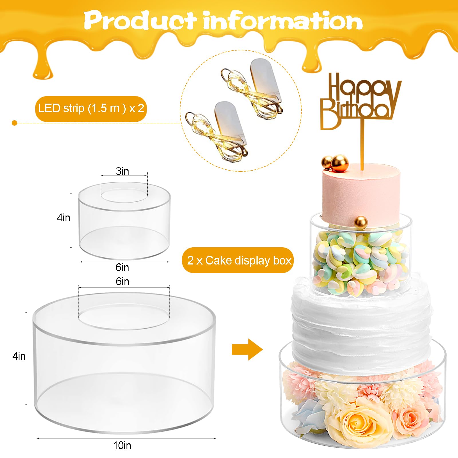 2pcs Soporte Acrílico Rellenable para Tartas,Caja Cilíndrica Redonda,Centro de Mesa Decorativo para Bodas y Fiestas de Cumpleaños (15x10cm, 25x10cm)