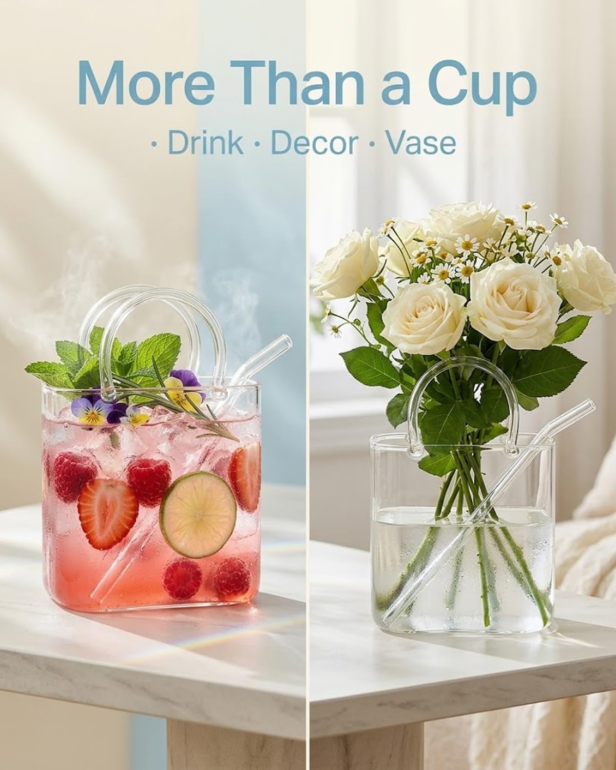 Purse Drinking Glass, Glass Purse for Drinks Handbag Shaped Glass Cup with Straw 26oz Creative Cocktail Juice Tea Cup Decorative Vase for Flowers Cute Room Decor Gift for Women Party Home(6pcs)