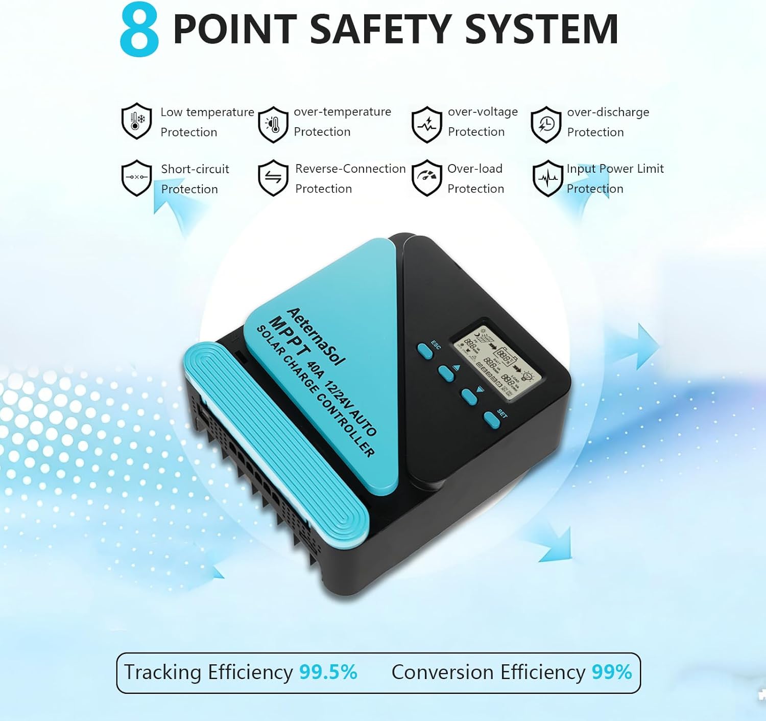 Solar Charge Controller 40A Charge Controllers 12/24V MPPT Solar Charge Controller with Adjustable LCD, Timer, Dual USB, Max Input 100V for LiFePO4/AGM/GEL/FLD Batteries (Blue)