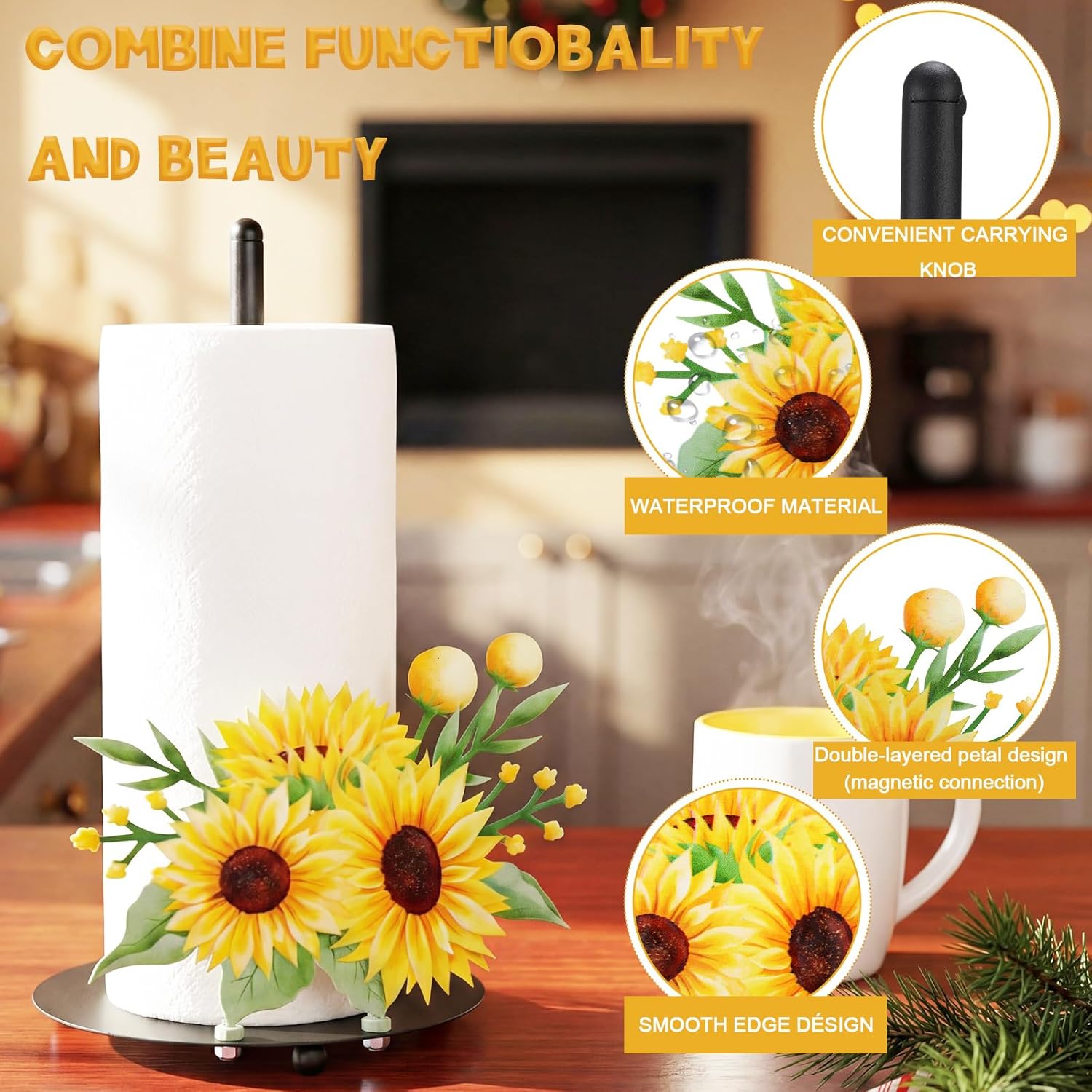 LemonRoad Sunflower Paper Towel Holder, Sunflower Kitchen Decorations, Farmhouse Metal Paper Towel Holder for Kitchen Countertop Bathroom Home Farmhouse Country Decor Indoor