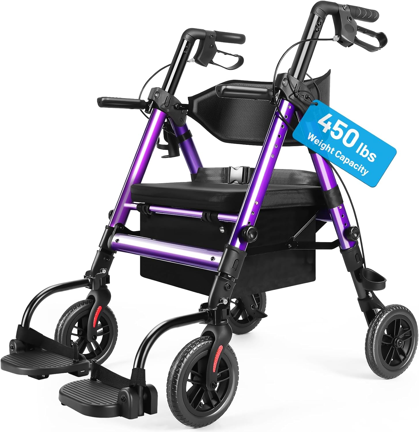 Heavy Duty Rollator Walkers for Seniors with Seat, Foldable 2 in 1 Rolling Walker Wheelchair Combo for Adult, All Terrain Wheels, Adjustable Transport Chair with Brake, 450 lb. Weight Capacity, Purple