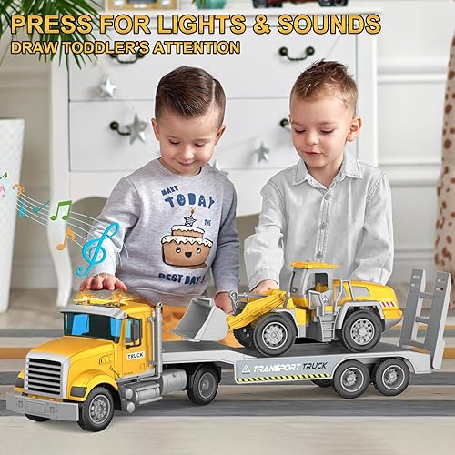 Miniatura 38 de Camiones de transporte de juguetes para niños, 22 pulgadas, camión de juguete grande y camión excavador con sonido y luz, autos accionados por