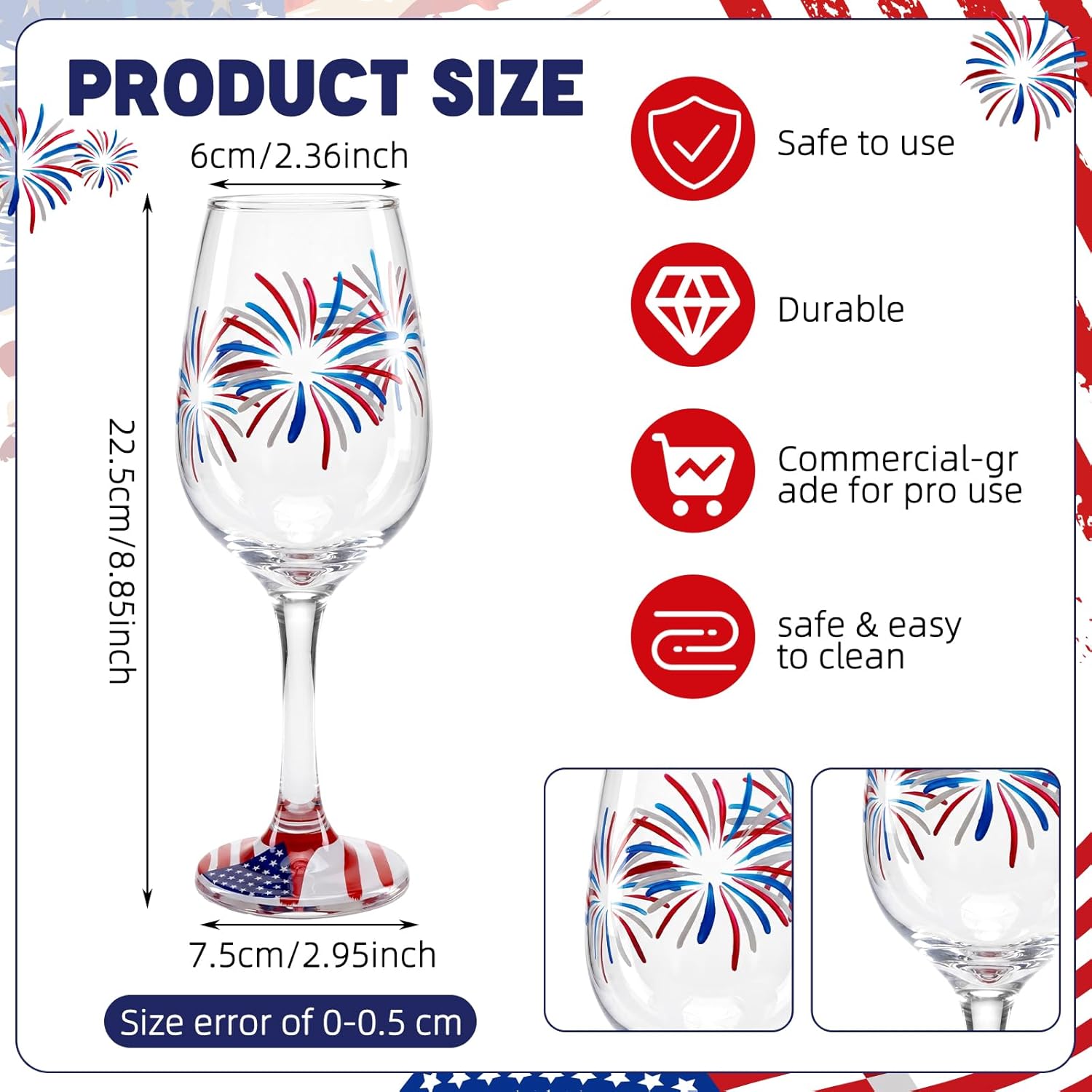 SiliFine 4 Pcs Independence Day 4th of July Party Stemmed Wine Glasses Hand Painted Fireworks USA American Flag Star Drinking Cup Wine Glasses Gifts for Birthday Theme Holiday Party Supplies