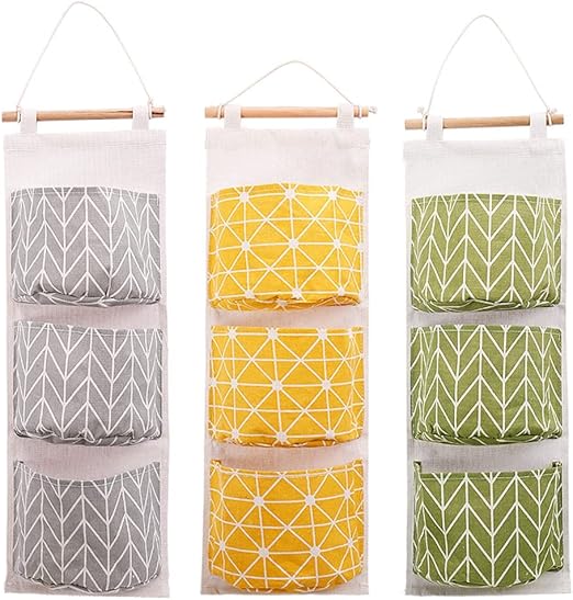 Borsa Portaoggetti Da Parete 3 Tasche - Organizer In Tessuto Lino/Cotone Impermeabile, Con Gancio In Legno, Per Casa/Ufficio - Foto 9