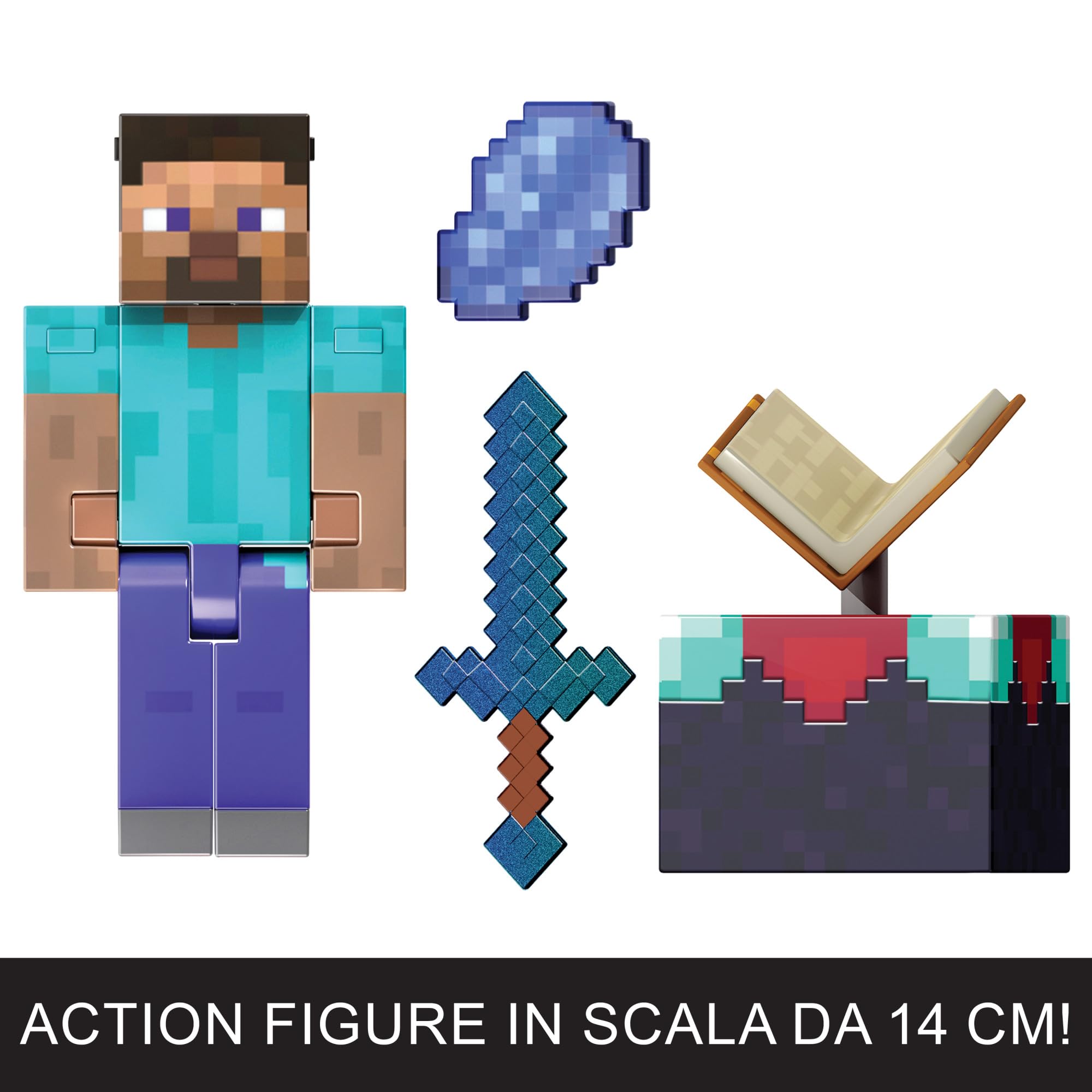 Mattel Minecraft - Steve Livello Diamante, action figure alta 14 cm con design pixelato e 3 accessori inclusi, personaggio dal videogioco da collezione, giocattolo per bambini, 6+ anni, HTM05