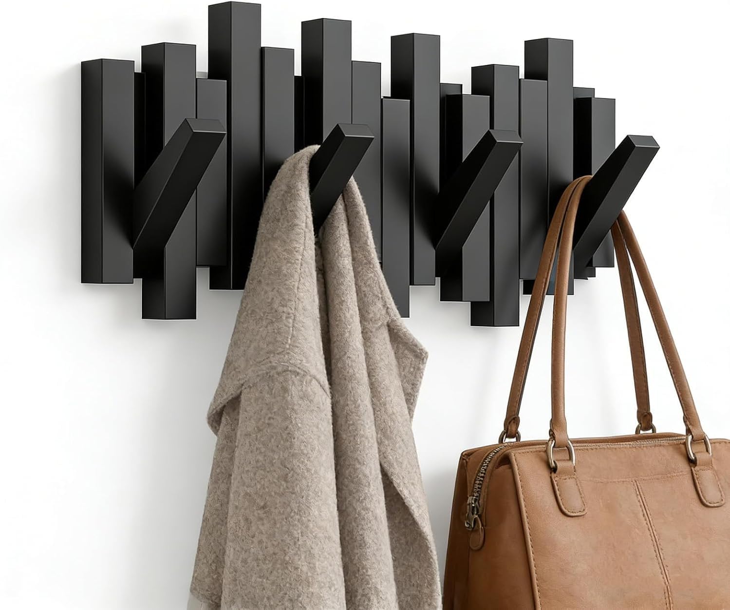 ELECANE Key Holder Wall Mount, Splicable Wooden Piano Coat Rack Wall Mount, Modern Wall Art Flip Down Magnetic Hooks Wall Hook Hat Hanger for Entryway Key Holder Bedroom Kitchen (Brown, 4 Hooks)