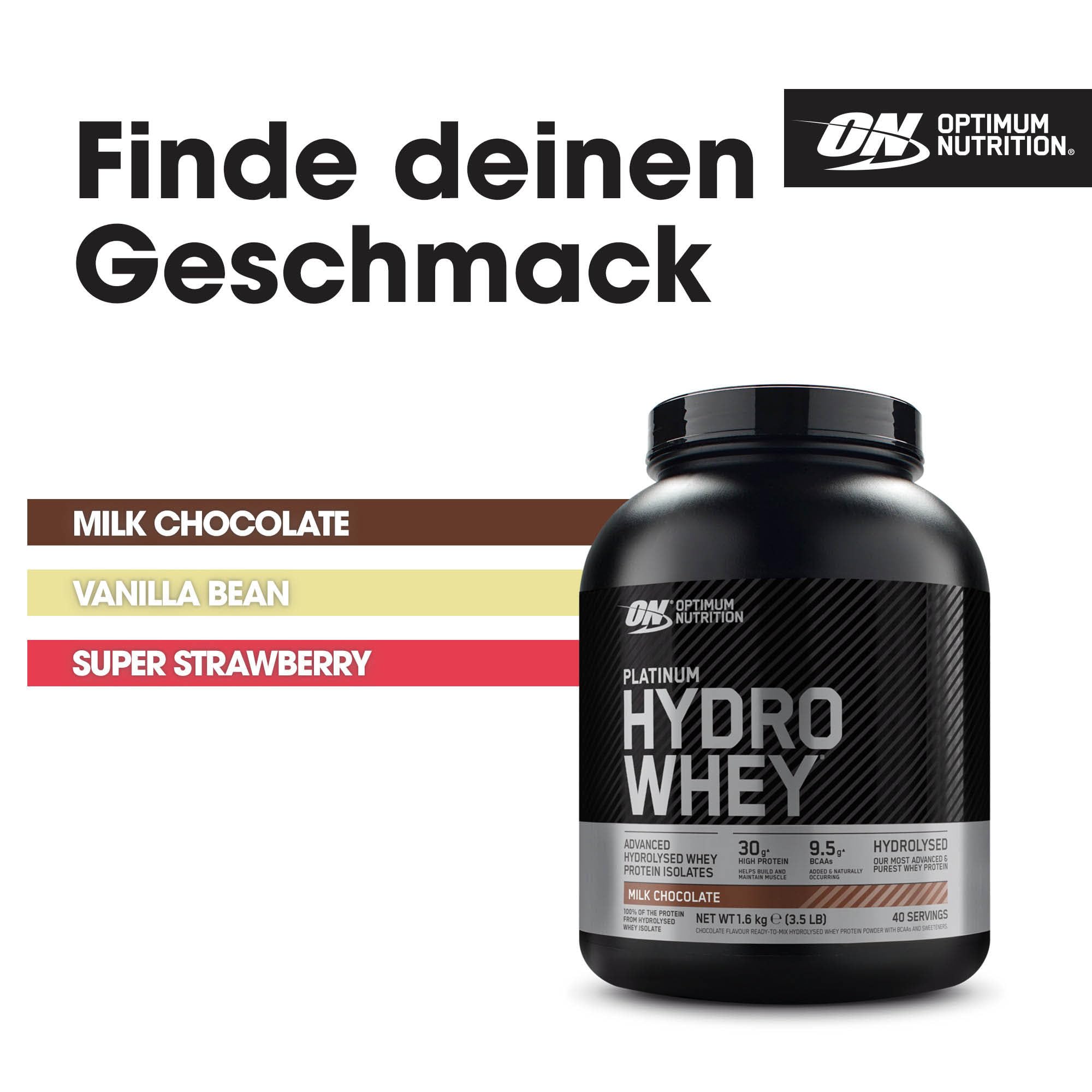 Optimum Nutrition Platinum Hydro Whey, Hydrolysiertes Molkenprotein-Isolat-Pulver mit essentiellen Aminosäuren, Glutamin und BCAA, Geschmack: Milchschokolade, 40 Portionen, 1,6 kg