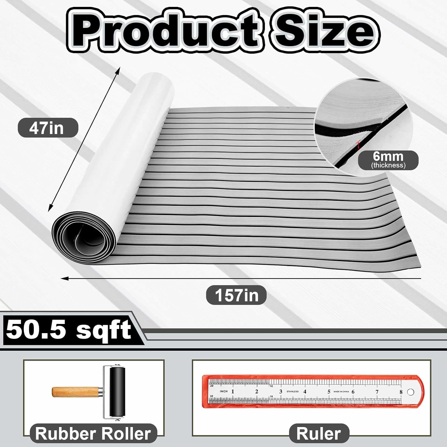 Duraaamo Boat Flooring EVA Foam 157"/ 118" x 47" Boat Decking Non Slip Marine Self Adhesive Carpet with Roller Ruler for Kayak Yacht Motorboat