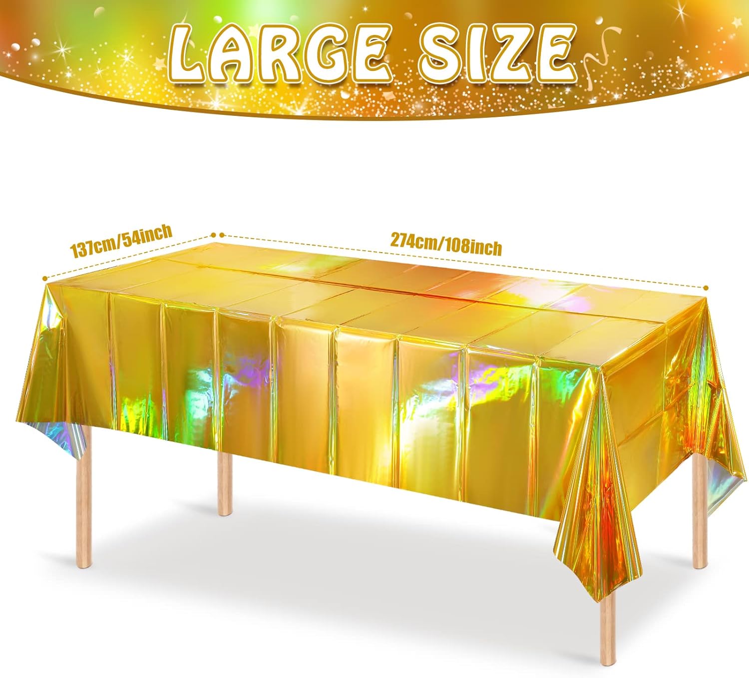 4 Pack Gold Iridescent Plastic Tablecloths Shiny Disposable Laser Rectangle Table Covers Holographic Foil Tablecloth Iridescent Party Decorations Birthday Bridal Wedding Christmas, 54 x 108 Inch - Image 2