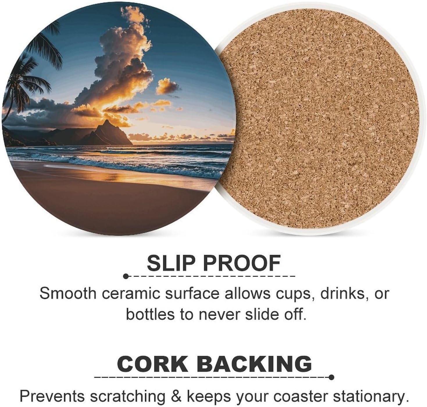 6PCS Beach Sunset Sea Clouds Coasters Non-Slip Round Drink Coasters with Ceramic Stone and Cork Base, Heat Resistant Absorbent 33.00Stone Coaster Set for Kinds of Mugs and Cups, 4 Inch