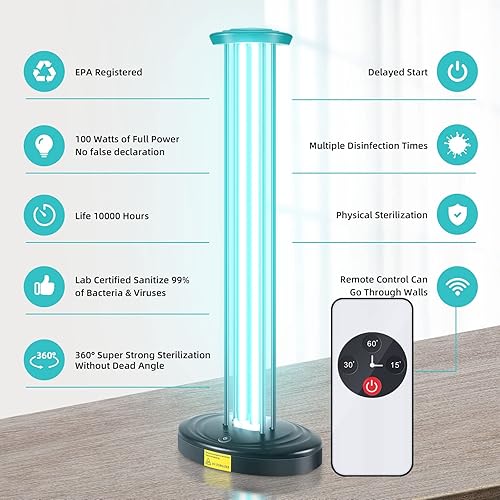 Miniatura 2 de Lámpara germicida ultravioleta, desinfectante de luz UV sin ozono de 100 W para habitación grande, con control remoto de sincronización de tres