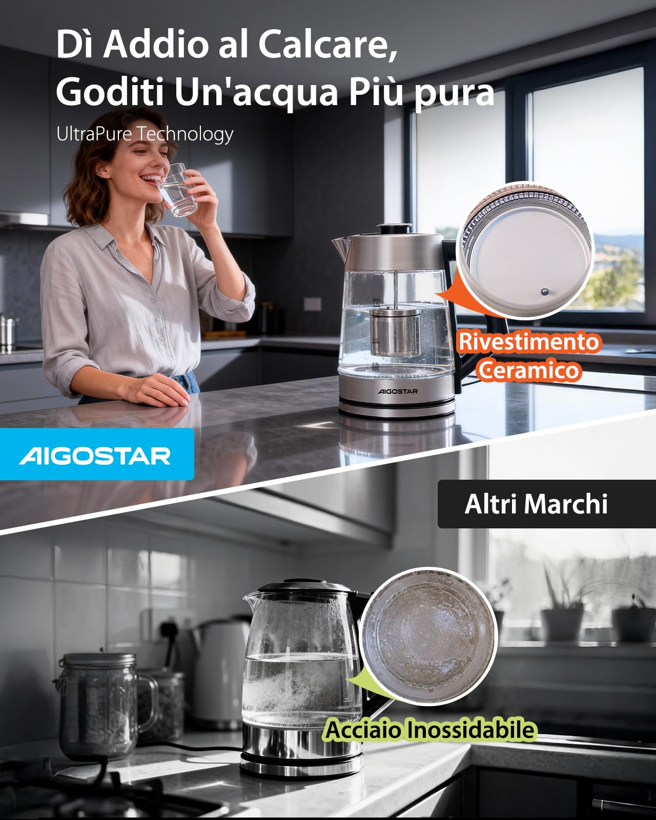 Aigostar Bollitore Elettrico Temperatura Regolabile, Senza BPA Rivestimento Ceramico | Rivestimento Ceramico Anticalcare, 1,7 Litri, 2200 Watt, Teiera Elettrica con Infusore, Funzione di Mantenimento Calore