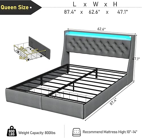 Miniatura 2 de SADENICEL Base de cama Queen con cabecera de almacenamiento y 2 cajones, plataforma de base de cama de metal tamaño Queen con luz LED, estación de