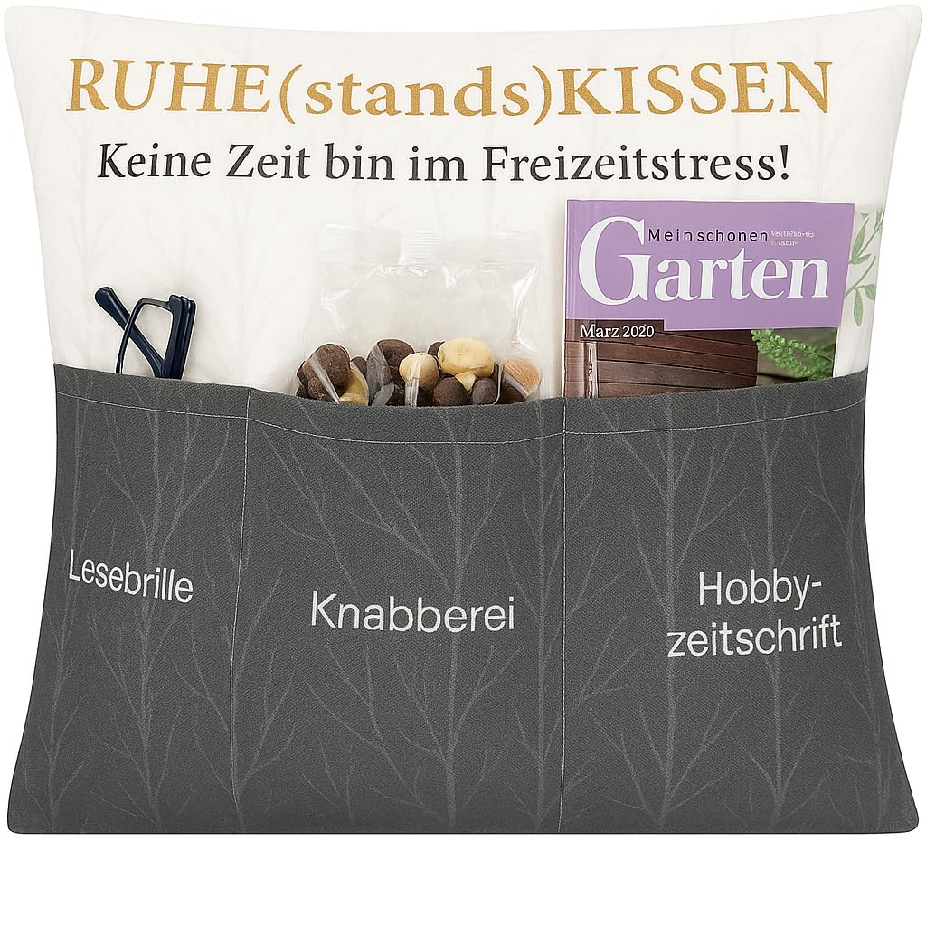 KAMACA Ruhestand Kissen 43x43 cm mit 3 Taschen Dekokissen mit Füllung Geschenkidee zur Rente für Männer Frauen Kuschelkissen für Sofa Garten Abschiedsgeschenk Renteneintritt (Ruhestandskissen A)