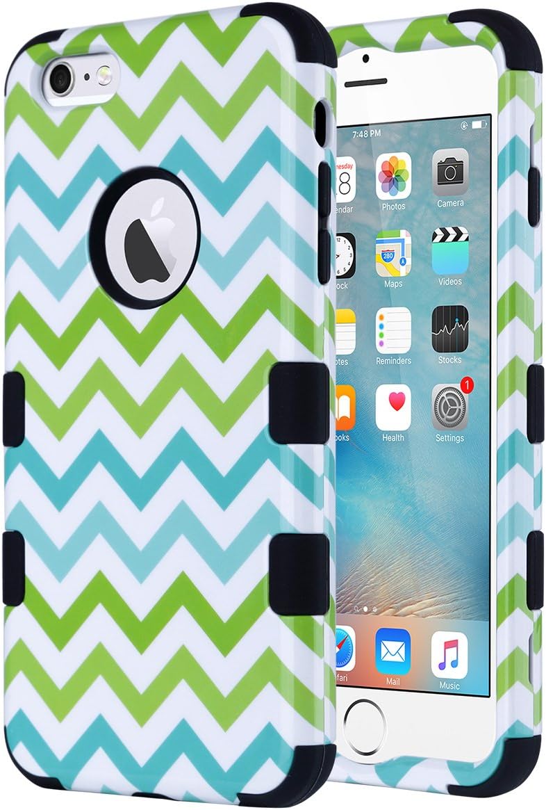 ULAK iPhone 6 Plus Case, iPhone 6S Plus Case, 3 in 1 Hybrid Case for iPhone 6/6S Plus 5.5 Inch Shockproof Hard Cover PC Soft Silicone Protective Cover, Green Wave-Black