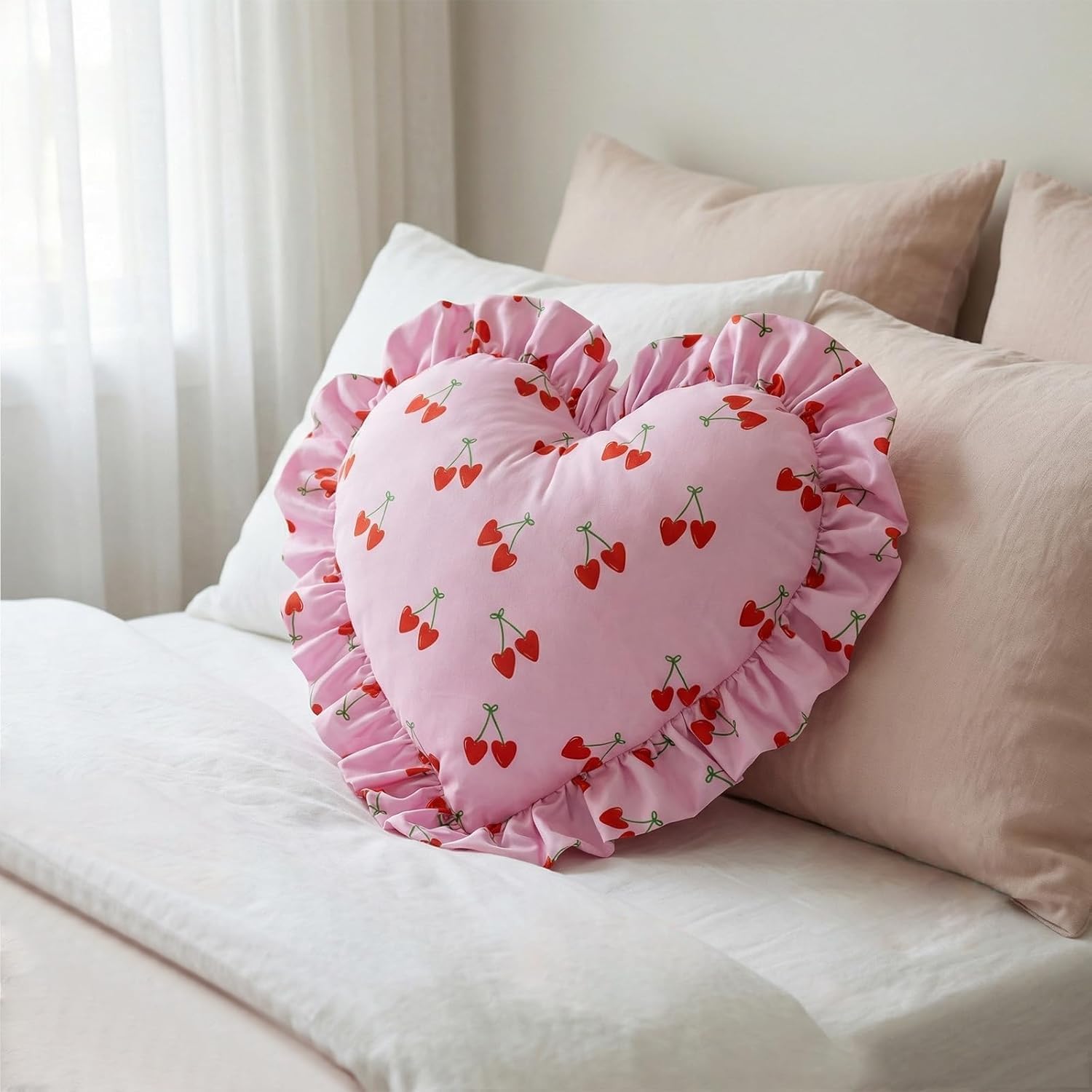 Pink Heart Pillow with Ruffles 19x16 Inches, Cute Cherry Printed Heart Shaped Pillows,Valentines Day Decorations Pillow,Wedding Decor, Women Girls Home Decoration