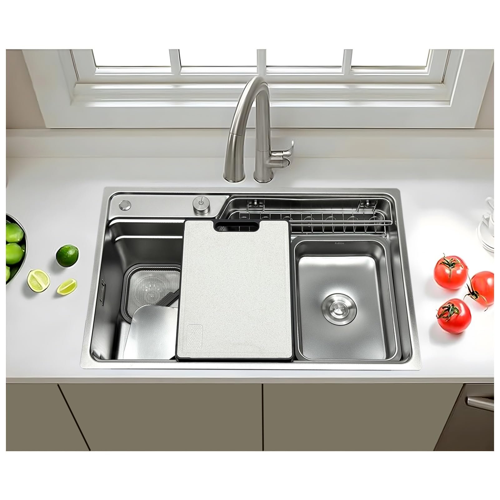 WIQUYBML Japanese Style Kitchen Sink with Drying Rack, Small Basin, Cutting Board, Triangular Strainer, Drain Knob, Drainpipe Set, 304 Stainless Steel Single Bowl Bar Basin for Drop in, Undermount