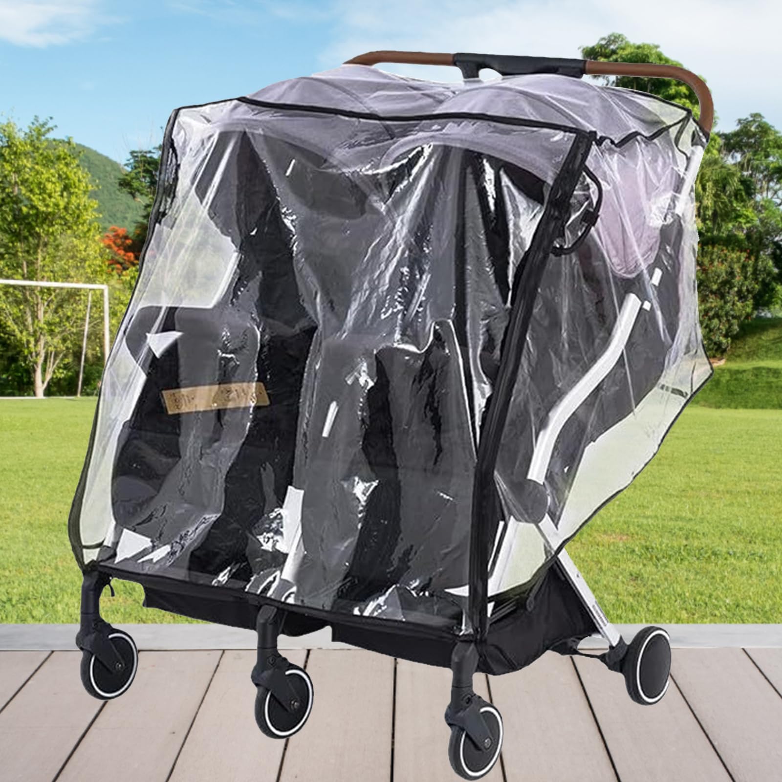 Universal Double Stroller Rain Cover Pushchair Accessories Double Raincover Outdoor Travel Side by Side Double Pushchair Dustproof Rainproof Windproof Stroller Raincover with Canopy and Zipper Door - Image 4