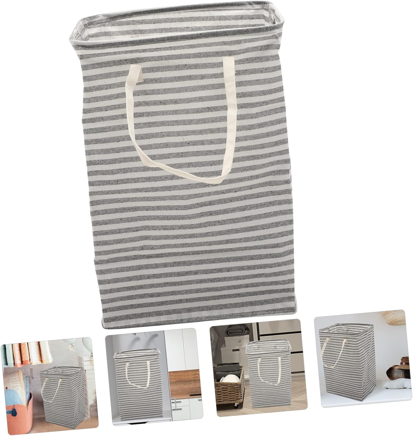 Large Capacity Folding Laundry Basket Portable Handheld Storage Hamper for Clothes and Shoes Collapsible Cotton Linen Gray Striped Laundry Bin for Bathroom and Bedroom Organization
