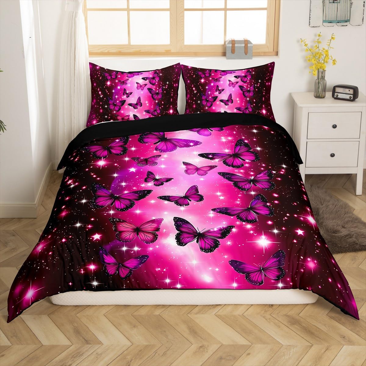 Feelyou Boys Girls Valentine's Day Duvet Cover Twin Size, Butterfly Comforter Cover Kids Glitter Bedding Set Romantic Teens Bedspread Cover Bed Set with 1 Pillow Case (No Comforter)