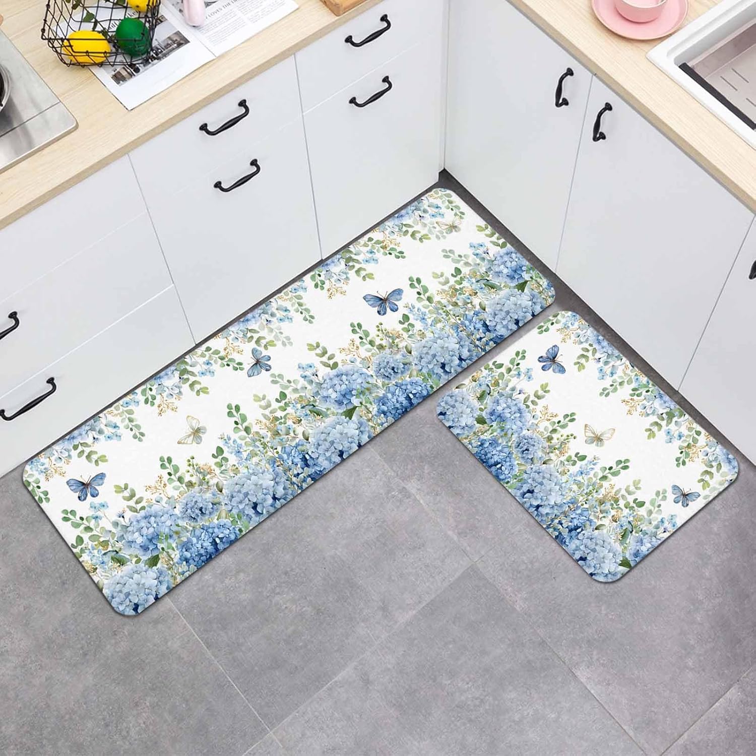 Prime Leader Blue Hydrangea Kitchen Mat Set 2 Pieces Rustic Summer Blue Floral Butterfly Non Slip Kitchen Rugs Washable Runner Rug Mats for Sink Laundry (19.7" x 31.5"+19.7" x 63")
