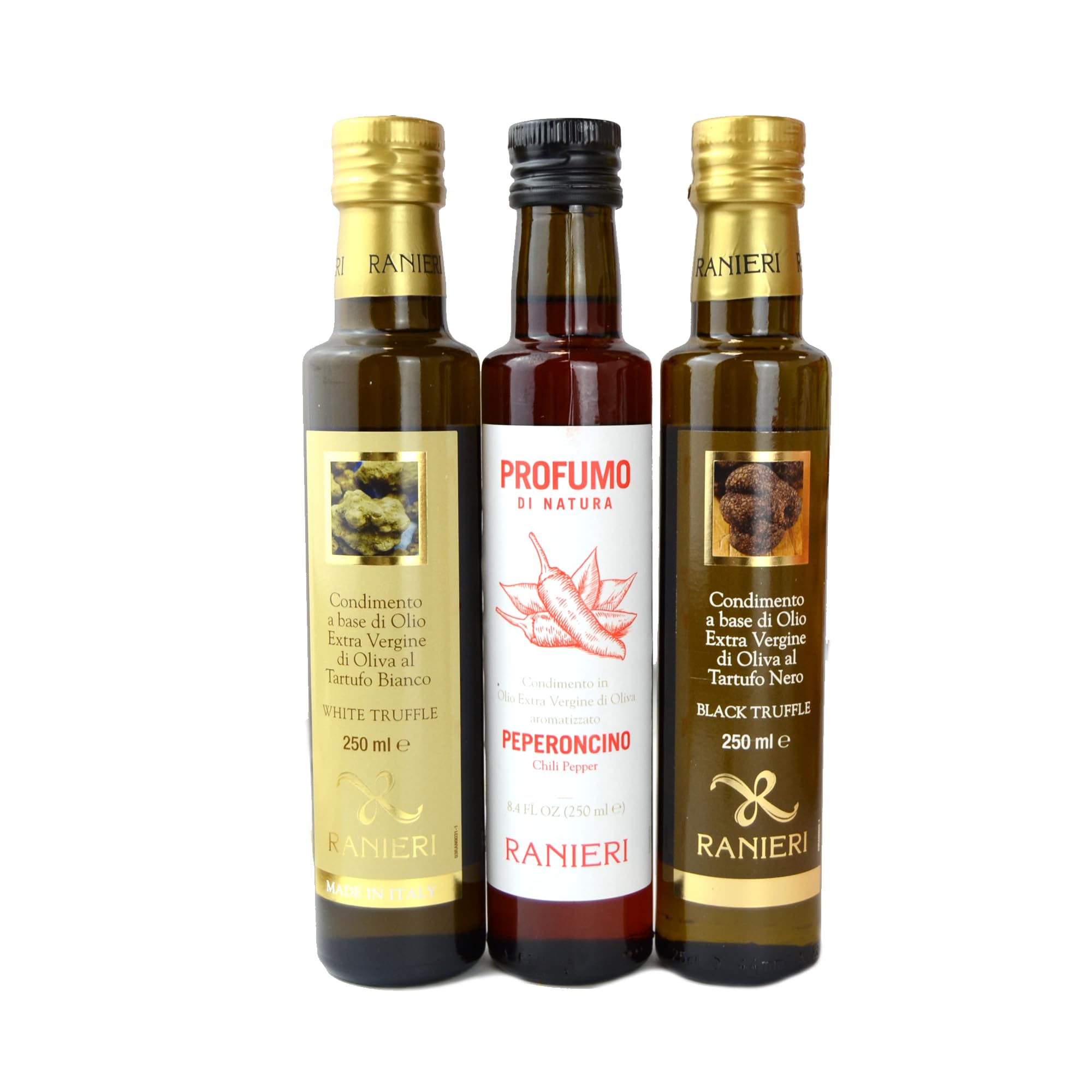 CESTO FESTE CON CILIEGIE VERDI E ROSSE CANDITE, AMARENE TOSCHI IN CONTENITORE CERAMICA DECORATO, OLIO AL TARTUFO BIANCO E NERO E OLIO AL PEPERONCINO + SELEZIONE DI CIOCCOLATINI CESTO REGALO