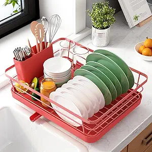 Kitsure Dish Drying Rack for Kitchen Counter, Stainless Steel Sink Organization and Storage Essentials with Cutlery Holder, Home and Appartment Decor, 12''W x 15.5''L, Red