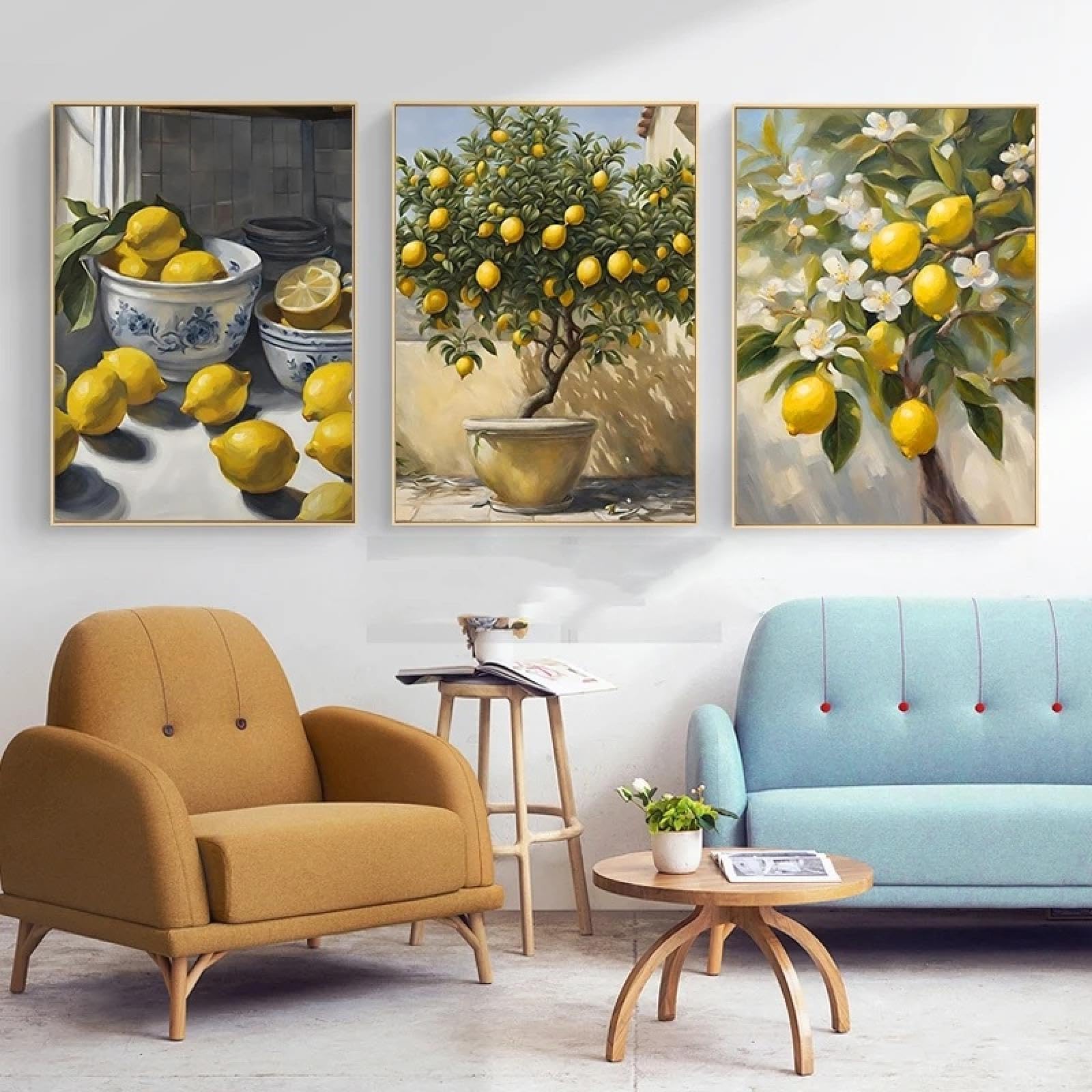 Gosrd Frameless Yellow Lemon Tree Poster Italian Kitchen Prints Canvas Painting Italy Summer Fruit Wall Art Pictures Home Decoration 19.6”X 27.5”(50X70cm) X3 No Frame