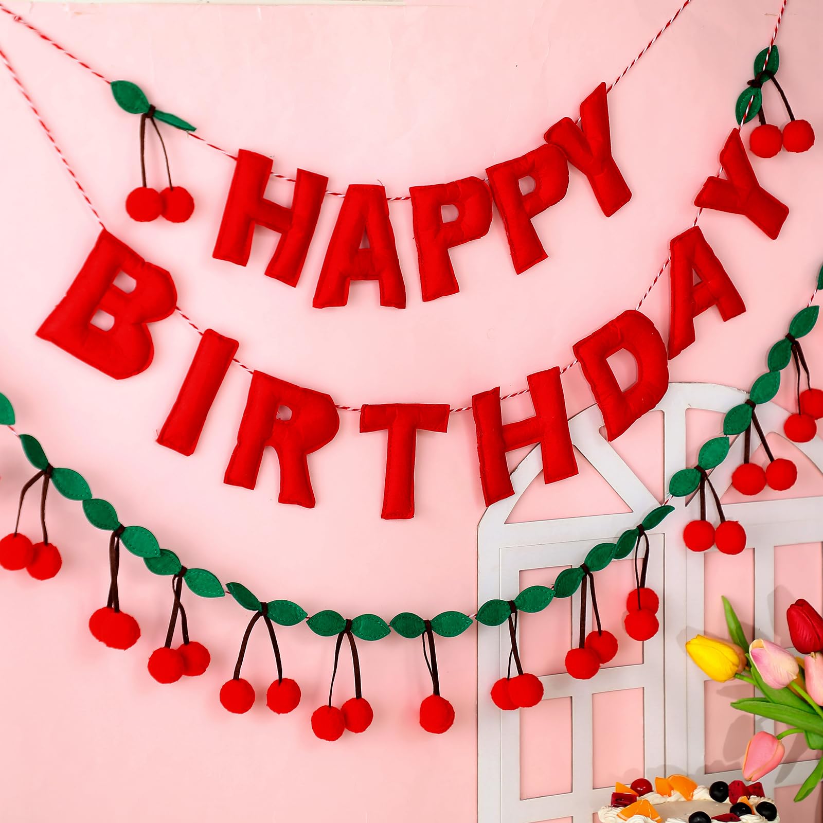 Oudain 2 Stück Kirsche Banner Filz Babyparty Girlande Vormontiert 1. Geburtstag Dekorationen Hängendes Banner mit Filz-Poms für Geburtstagsfeier Dekoration Foto Prop