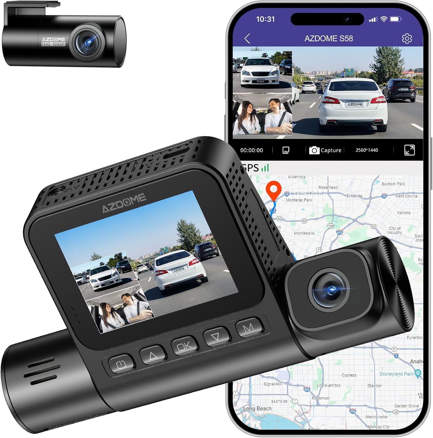 AZDOME 4K S58 3 Channel Dash Cam, 2K+1K+1K Dash Cam Front and Rear Inside, 4G LTE, Includes Hardwire Kit & OBD, Parking Mode, Dash Camera for Cars, G-Sensor, Built-in GPS & WiFi 6, WDR