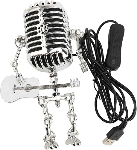Miniatura 3 de Ymiko Lámpara de mesa con forma de micrófono de estilo retro con diseño de guitarra y robot, luz nocturna de escritorio de metal de aluminio
