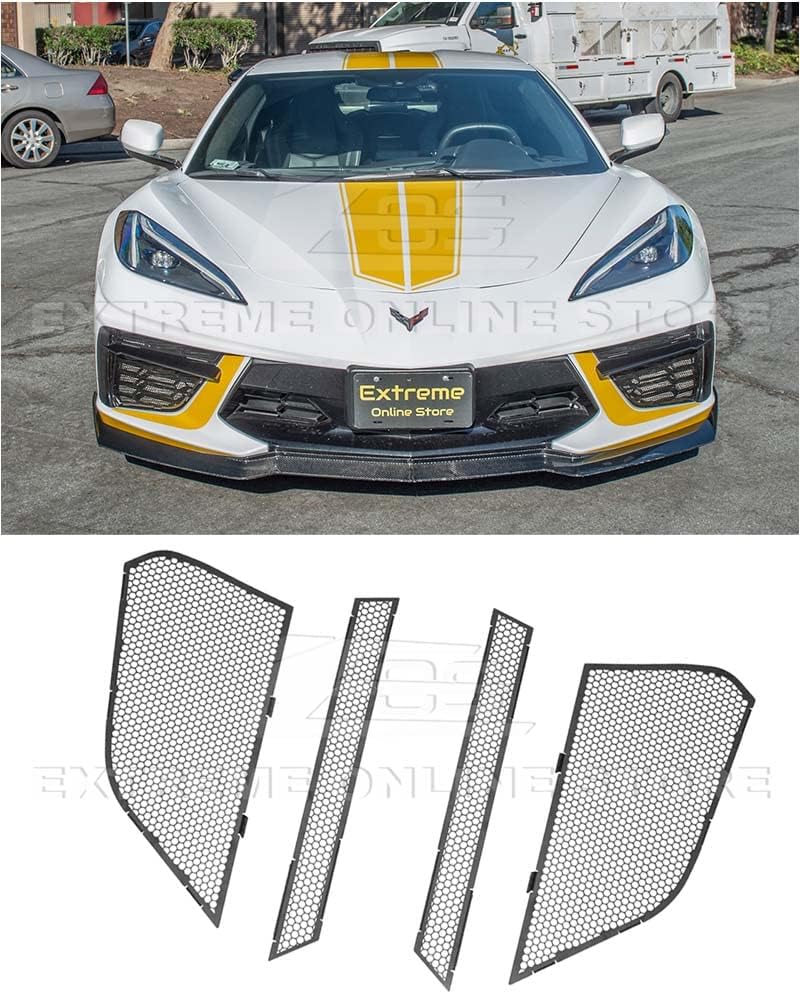 Replacement For 2020-Present Chevrolet Corvette C8 Base Models | GM Factory Style Aluminum - Painted Black Front Radiator Mesh Grille Insert Covers