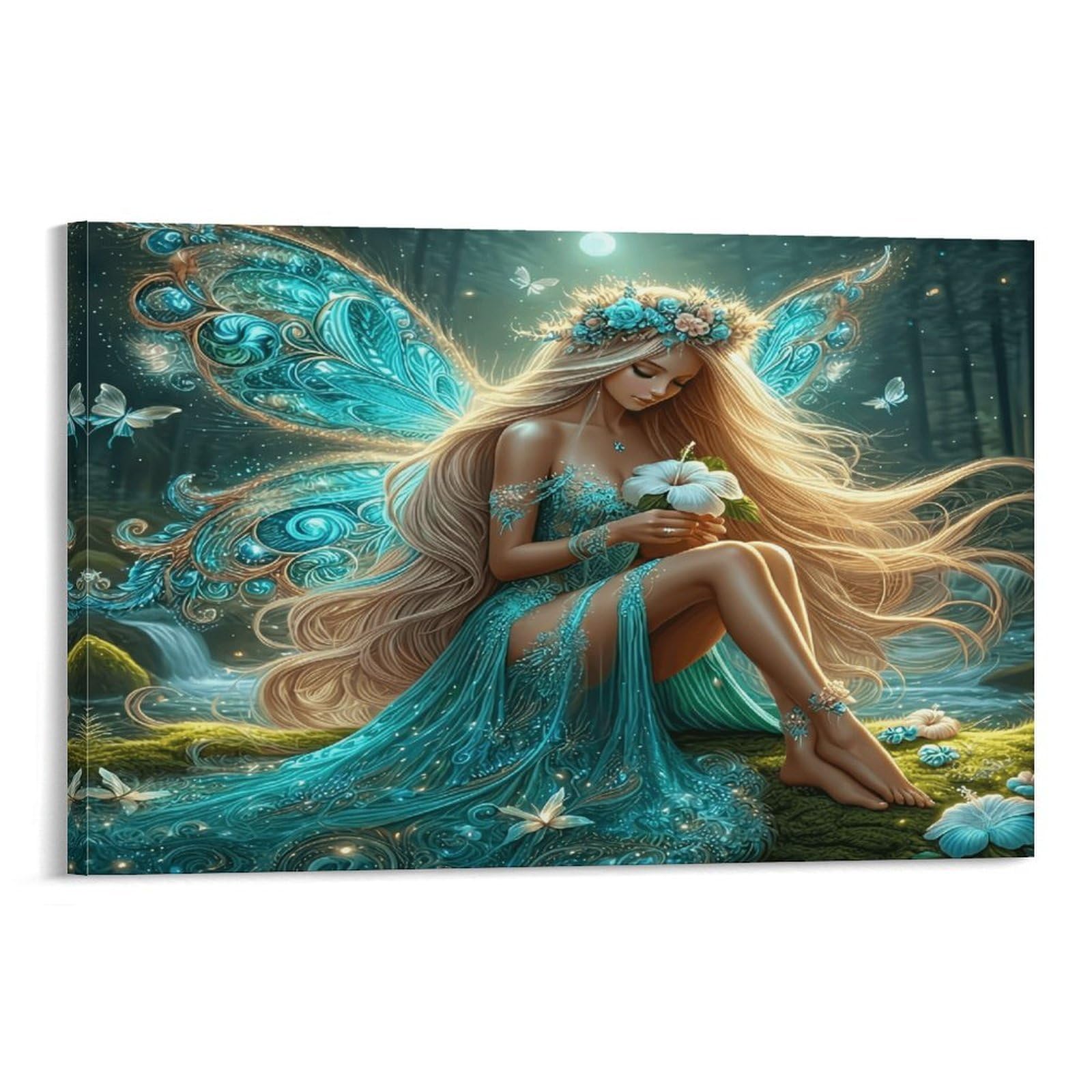 XPASHIQWC Flower Fairy Poster Artwork Moonlit Forest Canvas Prints Picture Modern Wall Art Picture Wall Hanging for Home Decorations 24x36inch(60x90cm)