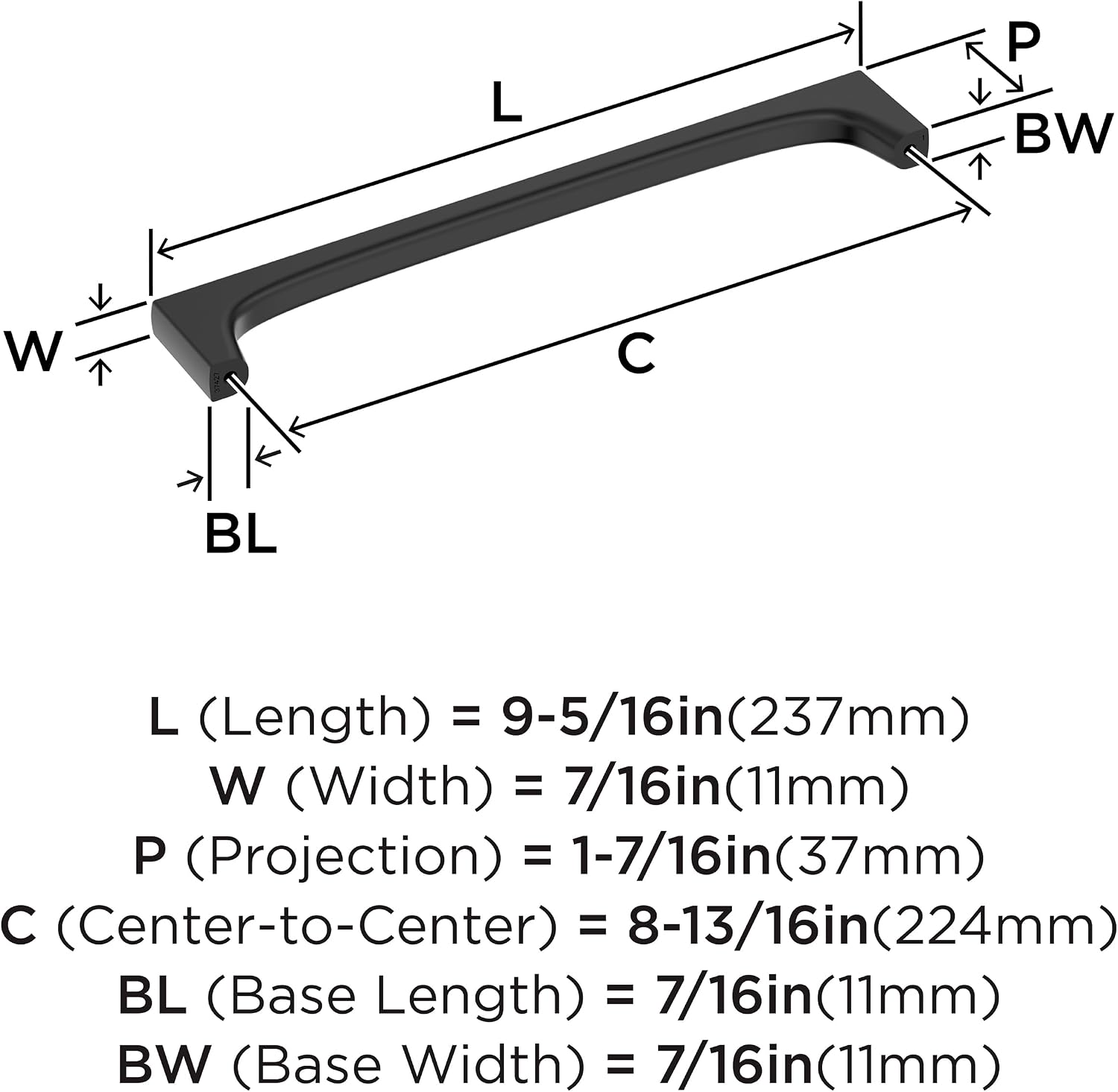 Amerock Merced 8-13/16 inch (224mm) Center-to-Center Matte Black Cabinet Pull, BP37427MB