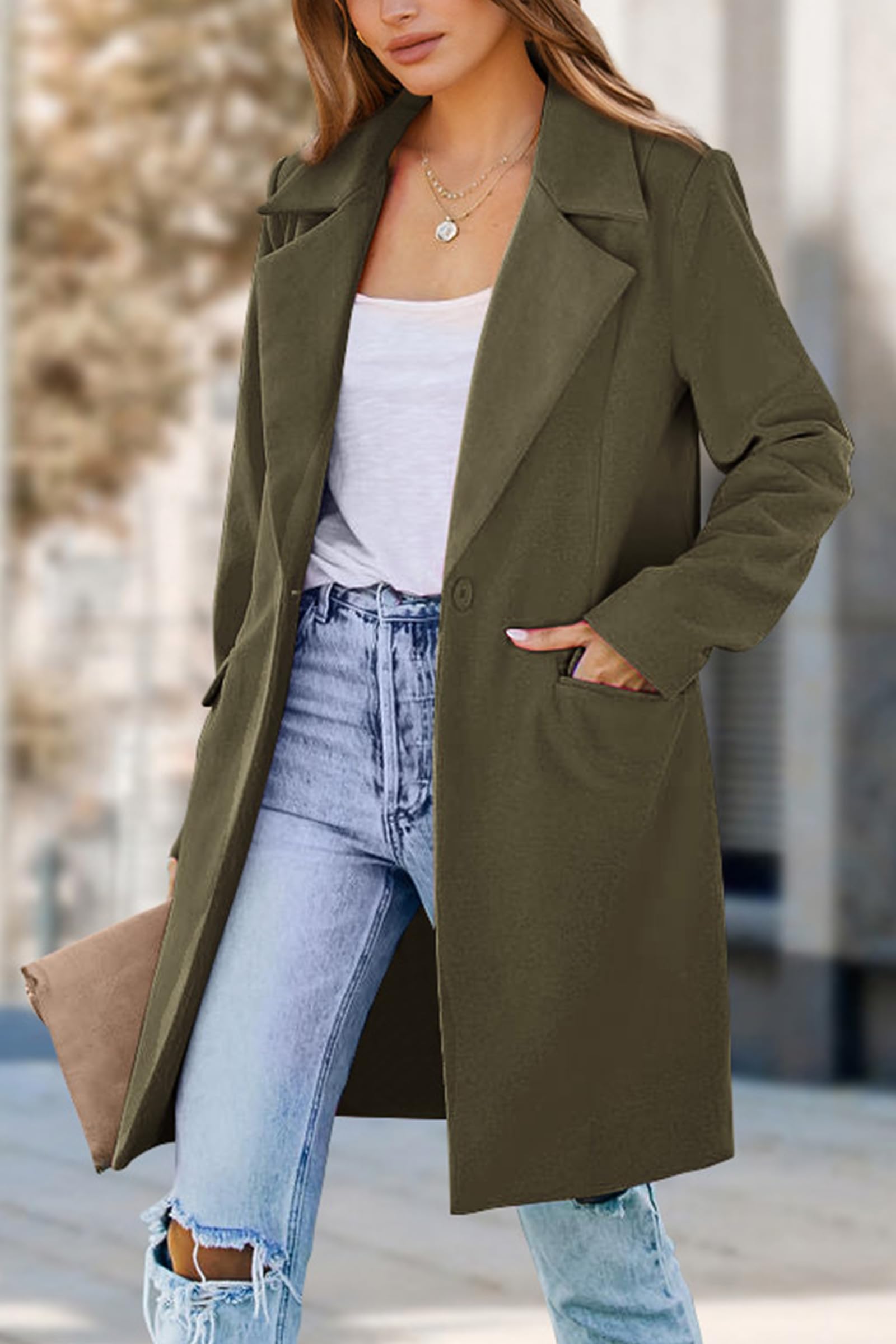 PRETTYGARDEN Women's Business Casual Long Blazer Jackets(Army Green,S) view 6