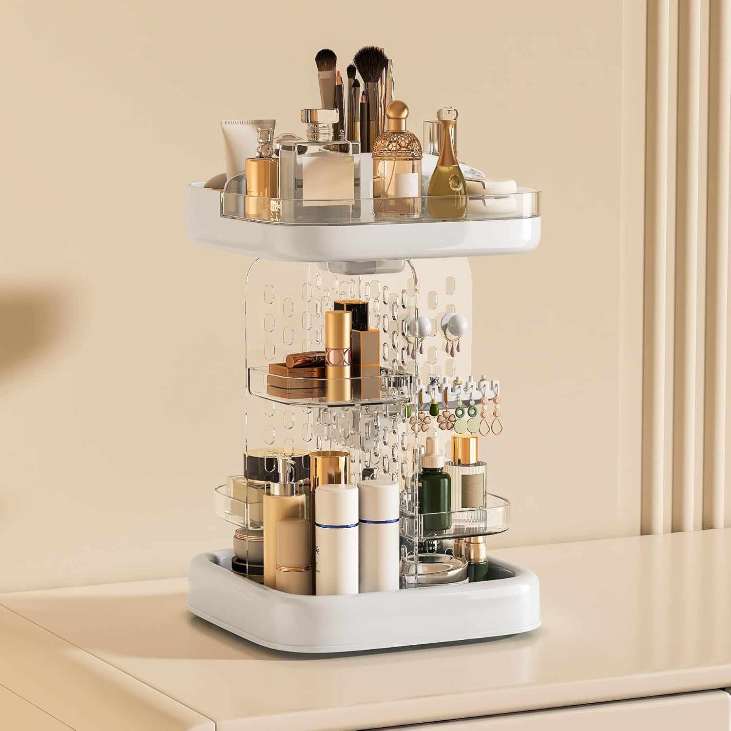 360 Rotating Makeup Organizer for Countertop, Adjustable Height Tiered Cosmetic and Skincare Storage, Clear Vanity Perfume Display with Brush Holder, Jewelry and Accessories Desktop Storage, Black - Image 8