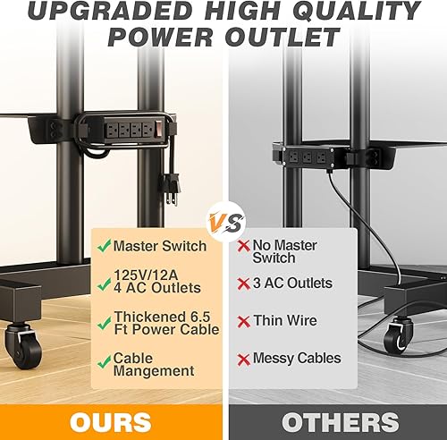 Miniatura 5 de TVON Carrito de TV móvil con ruedas para televisores de pantalla plana curva LCD LED OLED de 40 a 80 pulgadas, soporte de TV con ruedas ajustable en