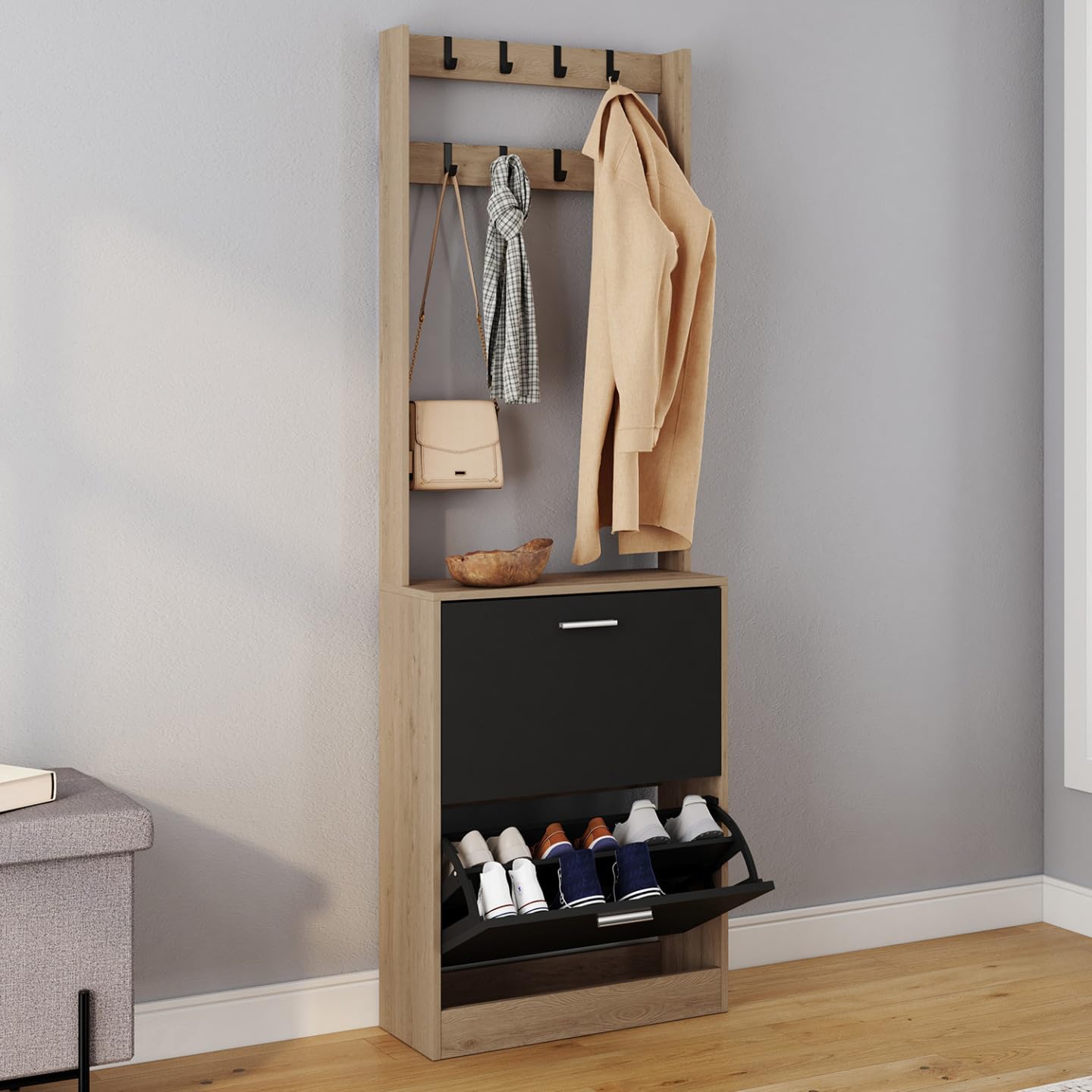 IDMarket - Vestiaire d'entrée KLARK Meuble Chaussures 2 Portes Effet Bois et Noir