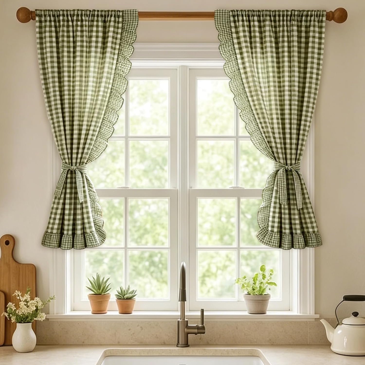 Classic Gingham Ruffled Rod-Pocket Curtain Tiers, Pair