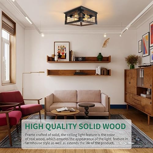 Miniatura 3 de JHLBYL Lámpara de techo de madera de granja, metal negro rústico cerca del techo con 4 enchufes E26 Blub, luces de porche al aire libre para cocina,