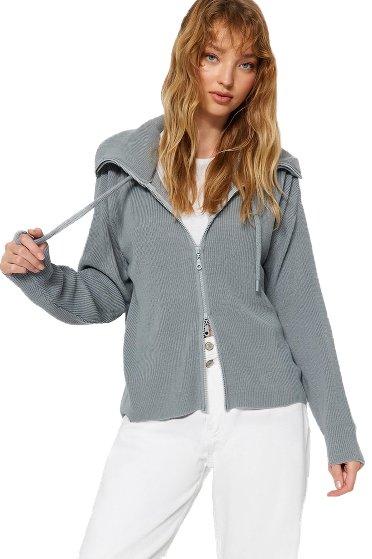 Trendyol FeMan Oversize Basic Standing Collar Knitwear Cardigan,Grey,M