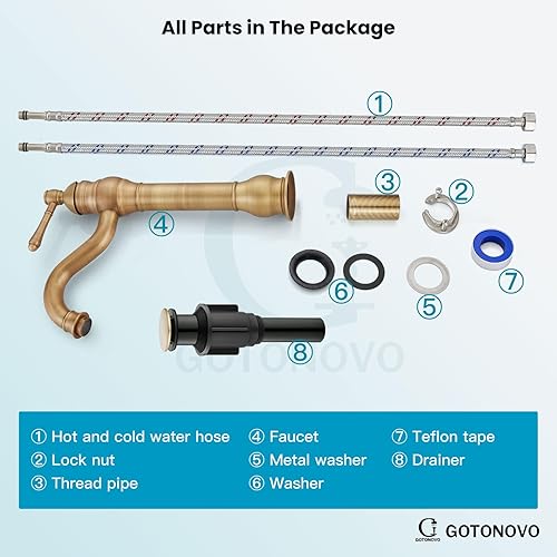 Miniatura 7 de Grifo de lavabo de latón antiguo para baño, una sola manija, grifo mezclador de lavabo con desagüe emergente, boquilla alta, montaje en cubierta de