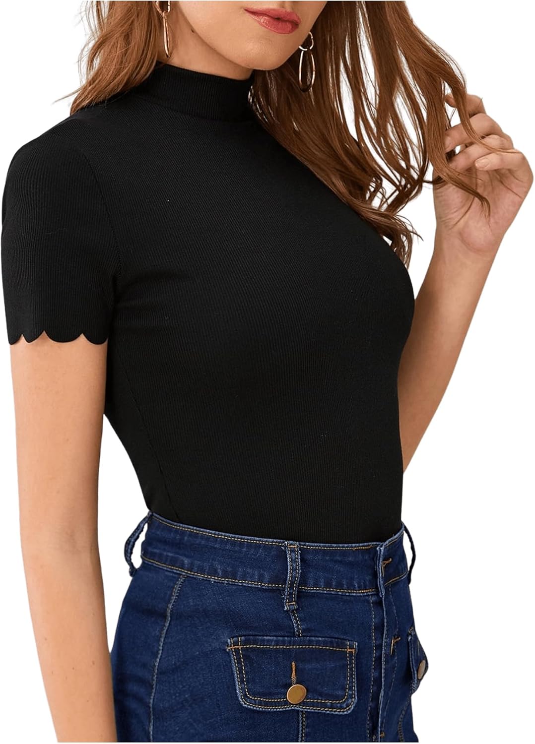 SweatyRocks Women's Mock Neck Ribbed Knit Scallop Short Sleeve T Shirt Tops - Image 2