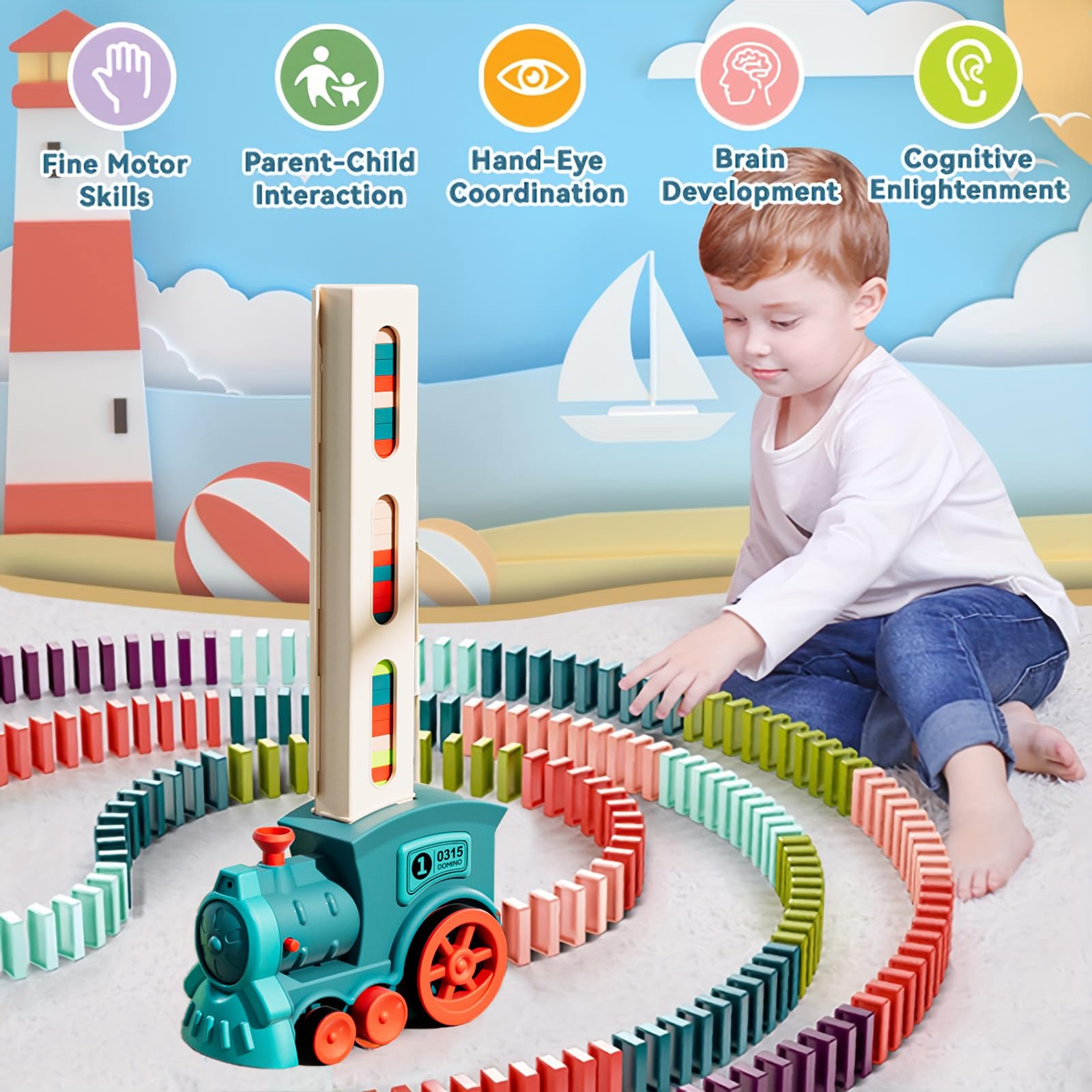 Train Domino Electrique NCKIHRKK 160 Pièces - Train Automatique Pose Dominos Lumières Musique Enfant 3+