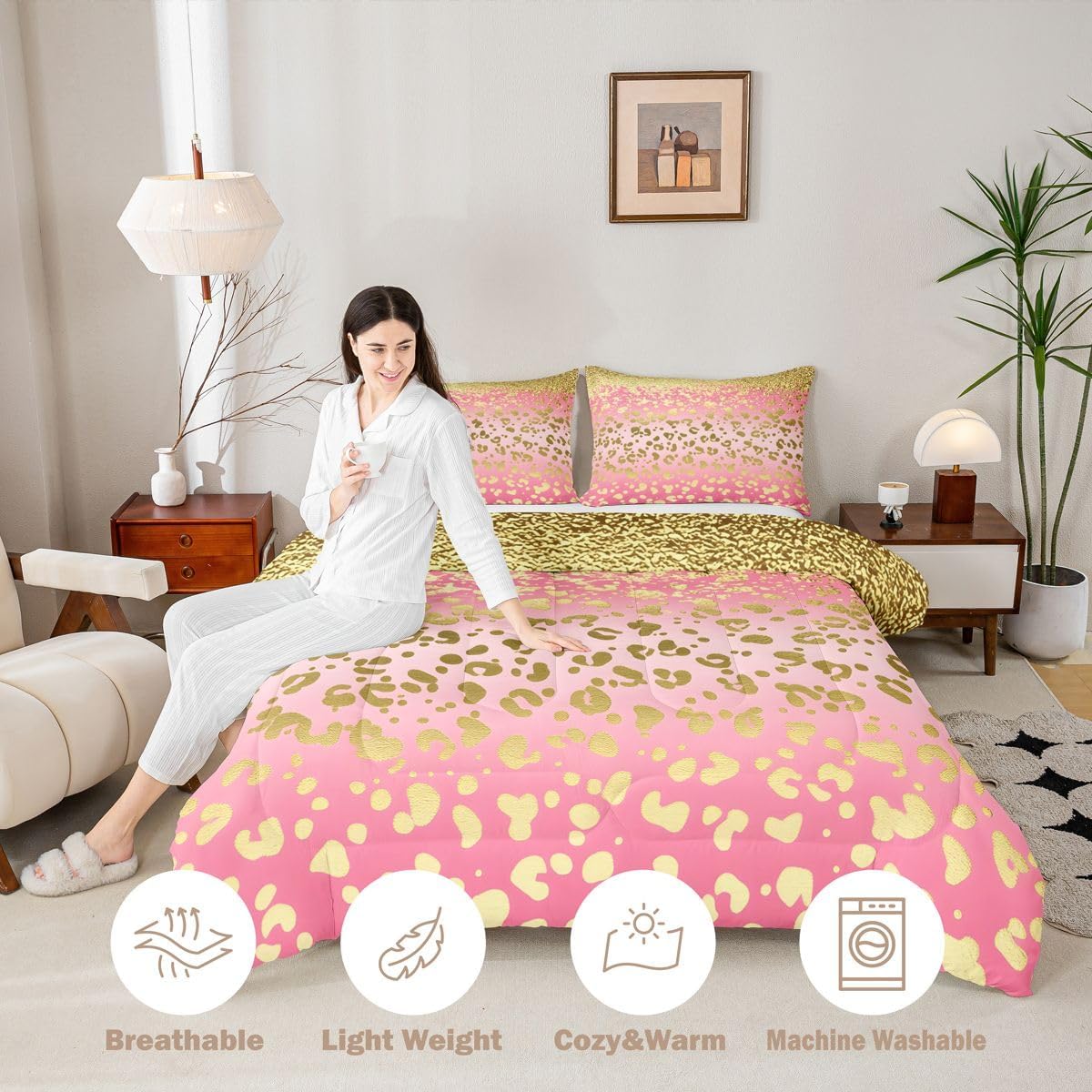 Feelyou Glitter Pattern Comforter Set Shiny Leopard Print Bedding Set Pastel Comforter Golden Leopard Print Quilted Duvet Set for Girls Women Microfiber Full(No Glitter)